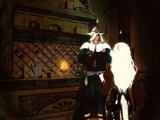 Sketch of the interior of the Waking Sands. Urianger gives Ryoko a primal report.