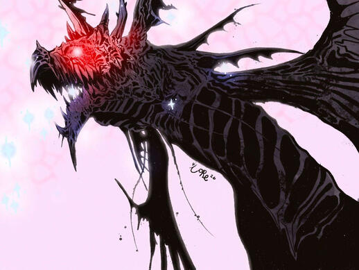 Drawing of a petrified Midgarsormr. There is twinkling lights around him.