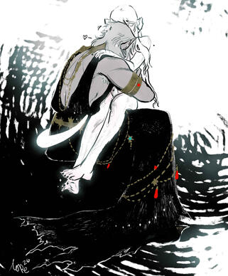 Urianger holding Ryoko in his lap as he nestles his face into her chest. She has her arms around him and is petting his hair, her tail is curled around him.