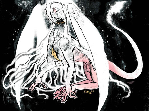 An albino sphinx with asymmetrical horns is sitting with her wings unfolded. Her hair is long and flowing around her. She is glowing and sparkling.